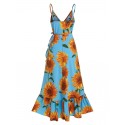 Sunflower Print Spaghetti Strap Wrap Maxi Dress