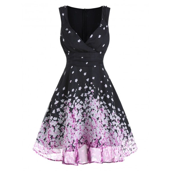 Tiny Floral Print Sleeveless Ruched Chiffon Dress