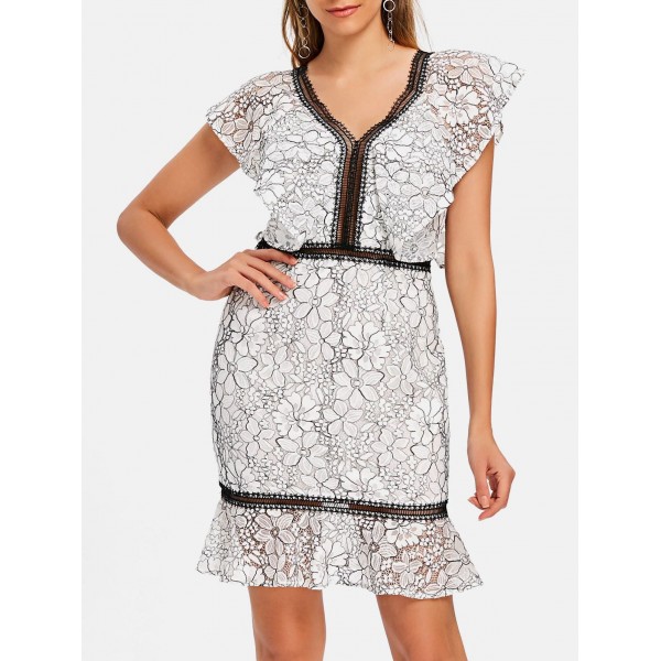 V-neck Floral Lace Flounce Dress