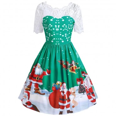 Vintage Christmas Santa Claus Print Lace Insert Dress