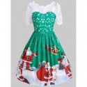 Vintage Christmas Santa Claus Print Lace Insert Dress