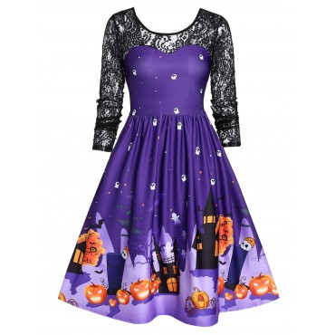 Vintage Lace Sleeve Halloween Party Swing Dress