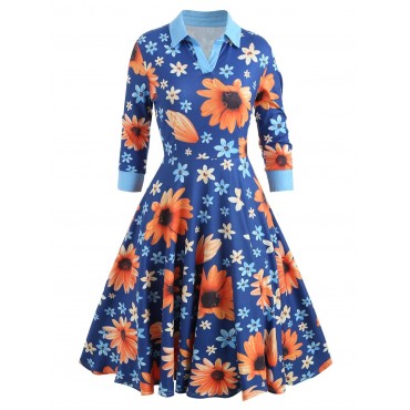 Vintage Long Sleeve Floral Print Dress