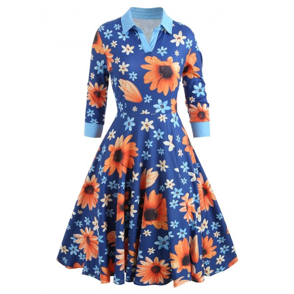 Vintage Long Sleeve Floral Print Dress